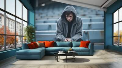 Male high school student sitting alone on stadium seats, concept of the feeling of isolation and loneliness due to mental illness Wall mural