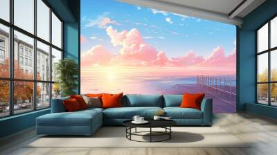 Pastel anime-style illustration of a waterfront at golden hour Wall mural