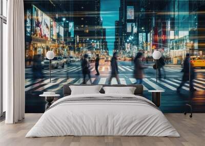 People crossing a city street at night, motion blur Wall mural