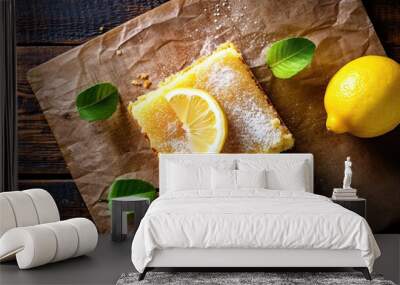 Top view of a lemon bar on a rustic wooden background Wall mural