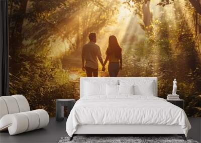 Young couple walking on a nature trail while holding hands on a late sunny afternoon Wall mural