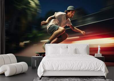 Young man skateboarding fast down a street, motion blur Wall mural