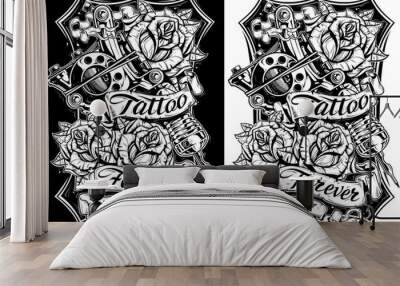 Black and white graphic tattoo machine and roses Wall mural