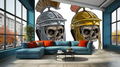 Cartoon detailed realistic colorful scary human skulls in metal ancient roman soldier warrior helmet with crest. Isolated on white background. Vector icon set. Wall mural