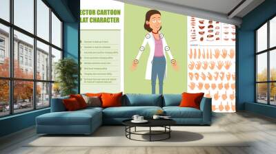 Cartoon flat funny doctor woman character in white uniform. Ready for animations. Face expressions, eyes, brows, mouth and hands easy to edit. Isolated on green background. Vector set. Wall mural