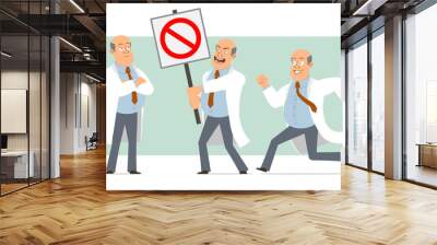 Cartoon flat funny fat bald doctor man character in white uniform with tie. Boy running and holding no entry stop sign. Ready for animation. Isolated on green background. Vector set. Wall mural