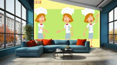 Cartoon flat funny little chef cook girl character in white uniform and baker hat. Kid shaking hands and showing hello gesture. Ready for animation. Isolated on olive background. Vector set. Wall mural