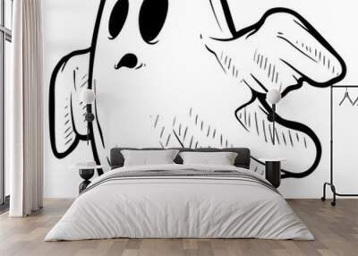 Cartoon funny crazy graphic black and white hand drawn ghost monster with spooky face. Isolated on white background. Halloween vector icon. Wall mural