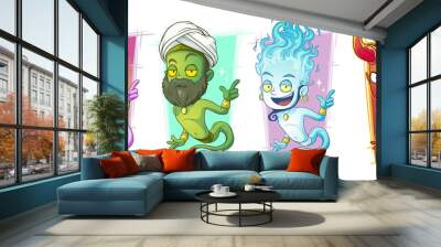 cartoon magic jinns with lamp character vector set Wall mural