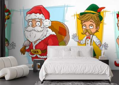 Cartoon santa claus and elf character vector set Wall mural