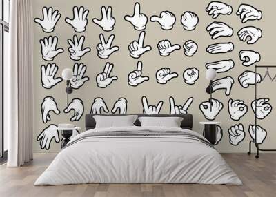 Cartoon white human hands in gloves gesture set. Hands show signs. Different hand positions. Isolated on gray background. Vector icon set. Wall mural