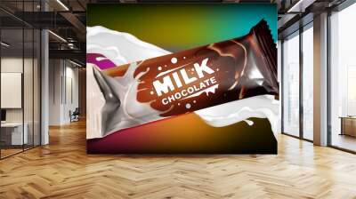 Colorful polyethylene package for chocolate bar with milk splashes. Mockup set for snack product, sweet stick. Gradient layered vector packaging. Wall mural