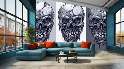 Detailed graphic realistic cool black and white human skulls with horrible pieces of dead skin and broken teeth. On gray background. Vector icon set. Wall mural