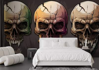 Detailed graphic realistic cool colorful human skulls with sharp canines and cracks. On gray grunge background. Vector icon set. Wall mural