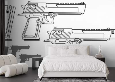 Graphic black and white detailed handgun pistol with ammo clip and silencer. Isolated on white background. Vector icon set. Vol. 3 Wall mural