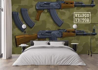 Graphic cartoon colorful detailed modern automatic russian assault rifle with ammo clip and wooden butt. Isolated on green camouflage background. Vector icon set. Wall mural