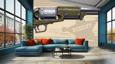 Graphic detailed old revolver with sheriff star Wall mural