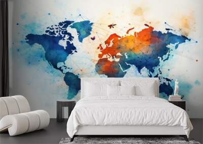 An abstract representation of a world map intertwined with trade routes and financial networks, symbolizing the interconnected nature of global business and finance Wall mural