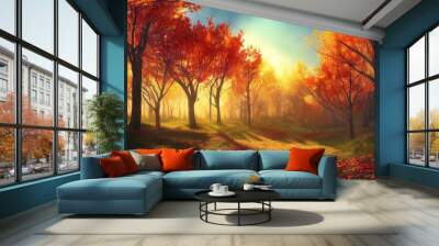 beautiful autumn forest landscape background illustration Wall mural