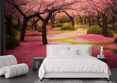 Beautiful cherry blossom sakura garden, spring nature background wallpaper Wall mural