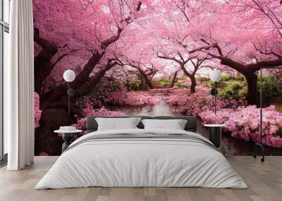 Beautiful cherry blossom sakura garden, spring nature background wallpaper Wall mural