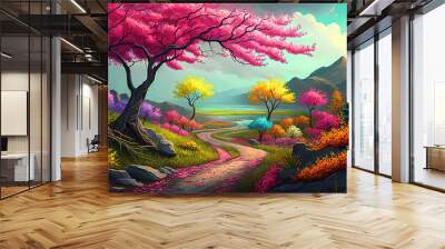 beautiful colorful spring landscape background, generative ai Wall mural