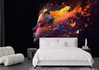 beautiful fantasy abstract portrait of a beautiful woman double exposure with a colorful digital paint splash or space nebula, generative ai Wall mural