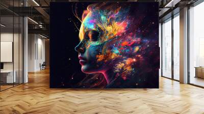 beautiful fantasy abstract portrait of a beautiful woman double exposure with a colorful digital paint splash or space nebula, generative ai Wall mural