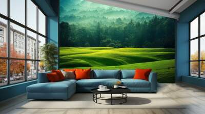 Beautiful morning over the green hills, lush foliage, calm green nature background, digital illustration, digital painting, cg artwork, realistic illustration, 3d render Wall mural