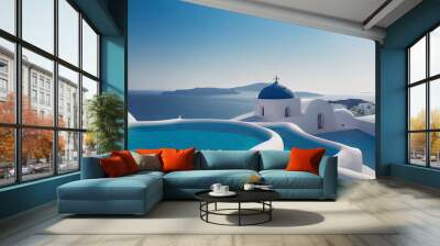 beautiful santorini greece panoramic background, travel holliday summer wallpaper, 3d render, 3d illustration Wall mural