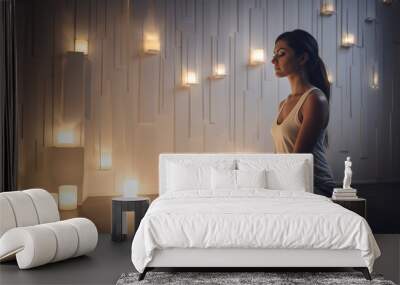 beautiful young woman meditating in yoga pose, relaxing candle lights, generative ai Wall mural