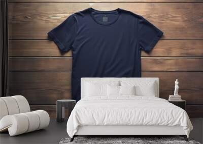 blank navy blue t-shirt flatlay mockup on wooden background, template for t-shirt graphics for webshops, generative ai Wall mural