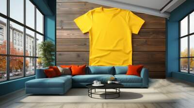 blank yellow t-shirt flatlay mockup on wooden background, template for t-shirt graphics for webshops, generative ai Wall mural