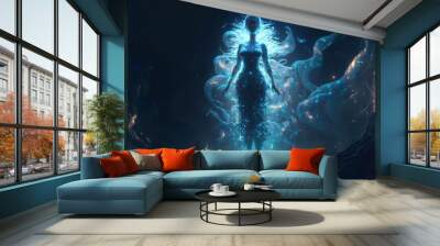 blue fantasy magical dancing water elemental fairy with glowing lights, generative ai Wall mural