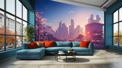 Cherry blossom sakura in modern city, urban environment background wallpaper Wall mural