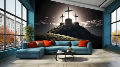 christian catholic cross on the hills, generative ai Wall mural