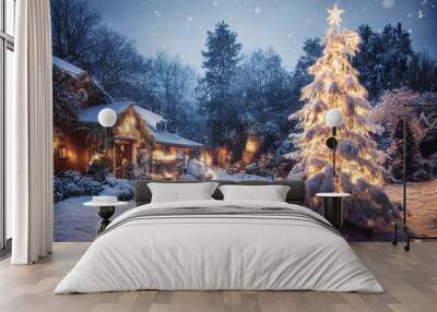 christmas winter outdoor scene, christmas decoration on  snowy house Wall mural