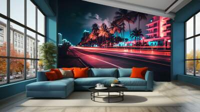 city street at night with colorful long exposure lights Wall mural