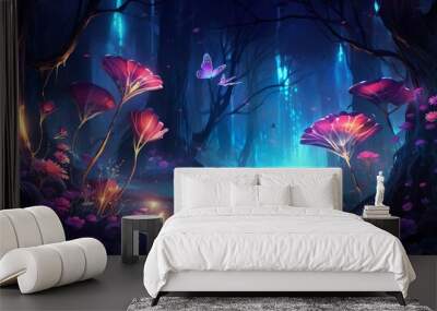 colorful fantasy forest foliage at night, glowing flowers and beautifuly butterflies as magical fairies, bioluminescent fauna as wallpaper background, generative ai Wall mural