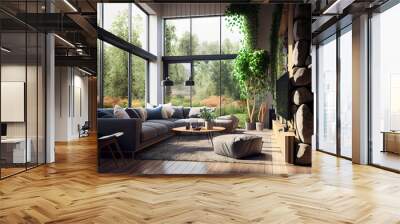 cozy luxury living room with furniture, wooden floor, stone wall, modern house in the woods, big windows, beautiful green environment as architecture background, made with generative ai Wall mural