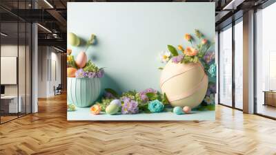 easter eggs and flowers and decoration on pastel color background, generative ai Wall mural