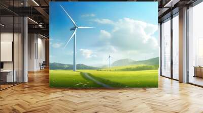 eco friendly renewable green energy, wind turbine in the green field, wind power, generative ai Wall mural