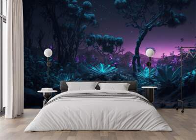 fantasy lush forest jungle night background with magical lights and foliage, generative ai  Wall mural