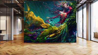 fantasy magic fairy, woman in colorful dress underwater, dance under the water, generative ai Wall mural