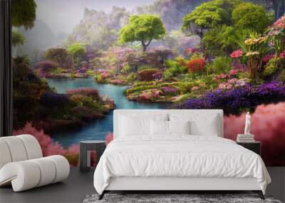 Graden of Eden, colorful flowers, beautiful lush nature background wallpaper, cg illustration Wall mural