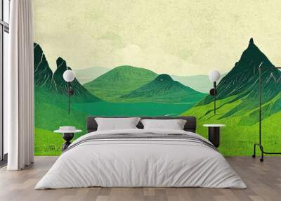 green landscape with mountains, calm nature scene, illustration Wall mural