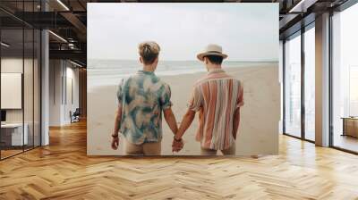 happy gay couple walking on beach, love and freedom concept, generative ai Wall mural