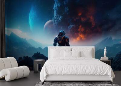 illustration of a lonely space marine soldier in an alien planet, standing on a mountain and looking into the universe, astronaut standing on an alien planet, generative ai Wall mural