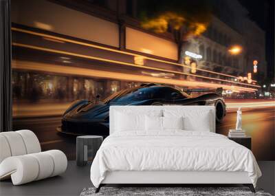 luxury black hypercar sportcar on the suburban downtown night street, generative ai Wall mural