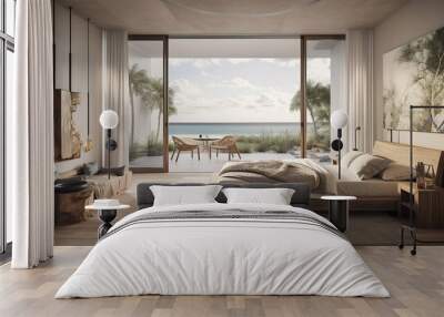 luxury tropical beach apartment suite lounge, overlooking to the ocean, generative ai Wall mural